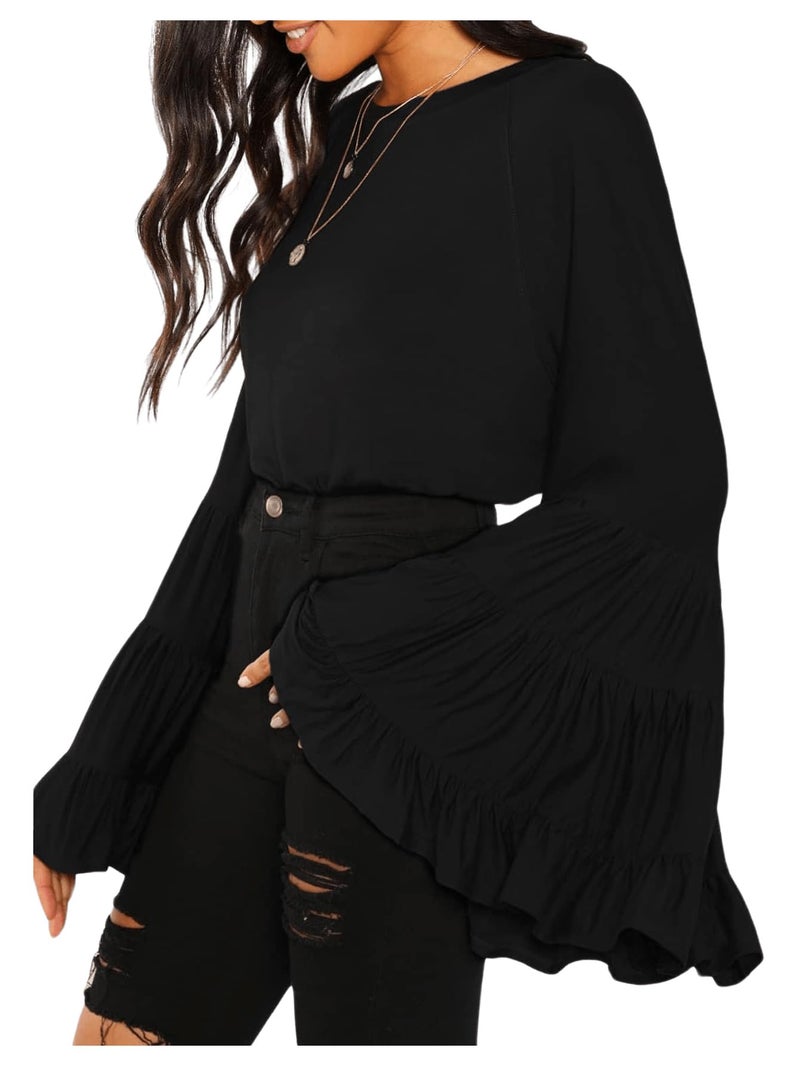 Floerns Women's Casual Boho Ruffle Long Bell Sleeve Tops Tee Shirt Black M - Image 3